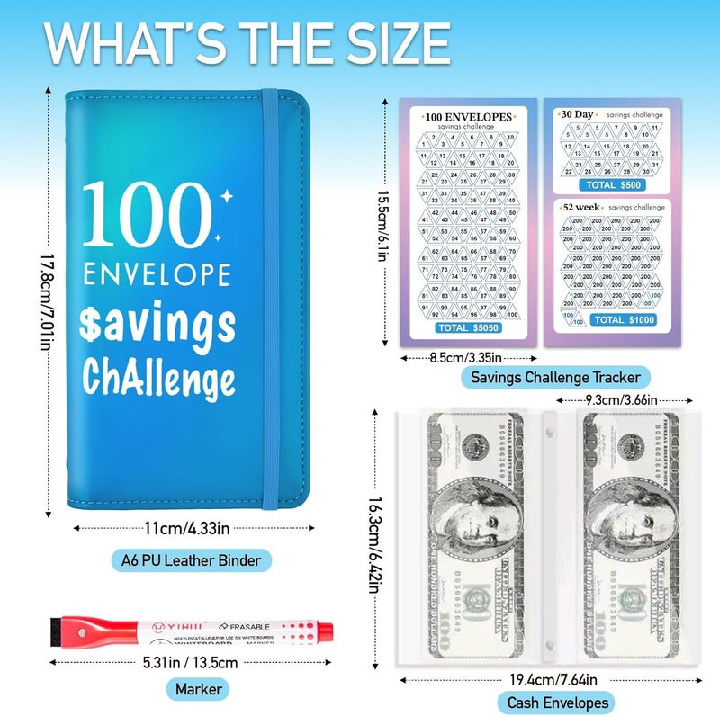 gusutide 100 Envelope Savings Challenge Binder, Money Saving Binder with Cash Envelopes, from 30 Days to 52 Weeks, to Save $500,$5,050 and $10,000, back to school supplies,gift for children (sparkling blue-A6) - Image 2